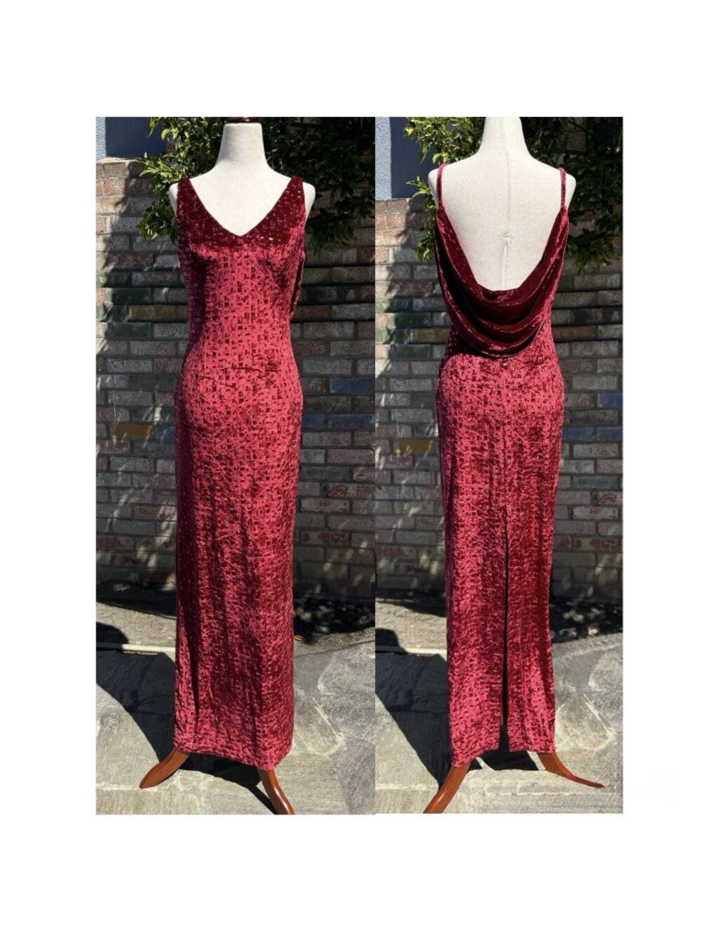 JANINE of LONDON Vintage Red Velvet Maxi Gown Dress Open Draped Back Sz S